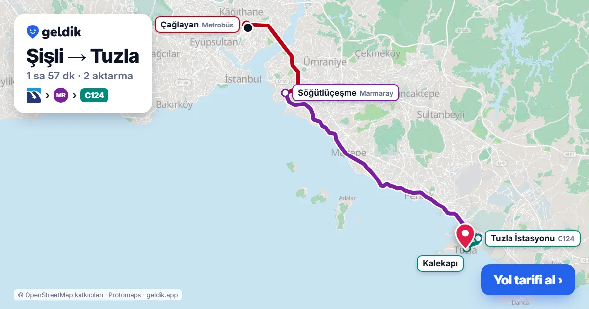 Şişli – Tuzla yol haritası: Metrobüs → Marmaray → C124 minibüsü ile ~1 sa 57 dk