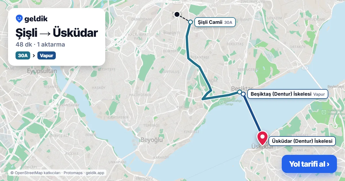 Şişli – Üsküdar yol haritası: 30A otobüsü → vapur ile ~48 dk