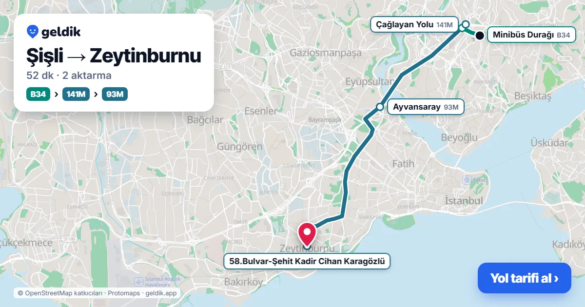 Şişli – Zeytinburnu yol haritası: B34 minibüsü → 141M otobüsü → 93M otobüsü ile ~51 dk