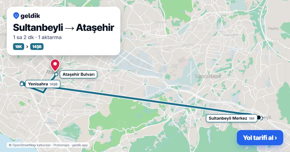 Sultanbeyli – Ataşehir yol haritası: 18K otobüsü → 14ŞB otobüsü ile ~1 sa 2 dk