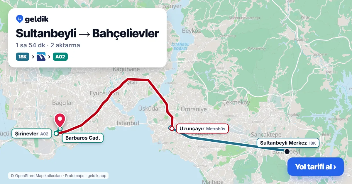 Sultanbeyli – Bahçelievler yol haritası: 18K otobüsü → Metrobüs → A02 minibüsü ile ~1 sa 54 dk
