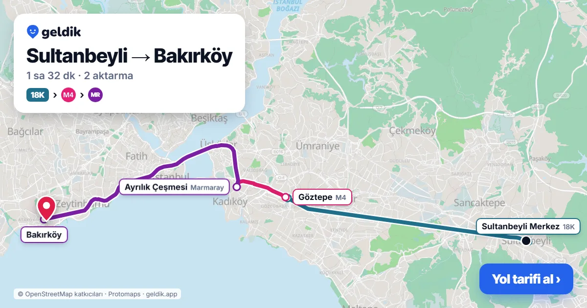 Sultanbeyli – Bakırköy yol haritası: 18K otobüsü → M4 → Marmaray ile ~1 sa 32 dk