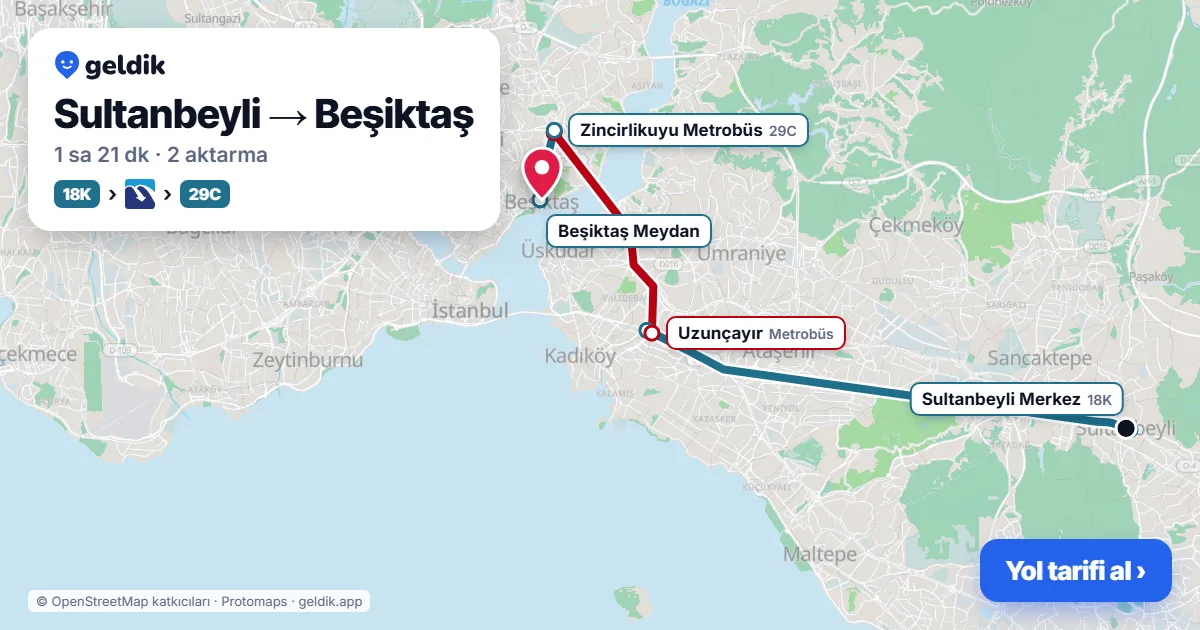 Sultanbeyli – Beşiktaş yol haritası: 18K otobüsü → Metrobüs → 29D otobüsü ile ~1 sa 21 dk