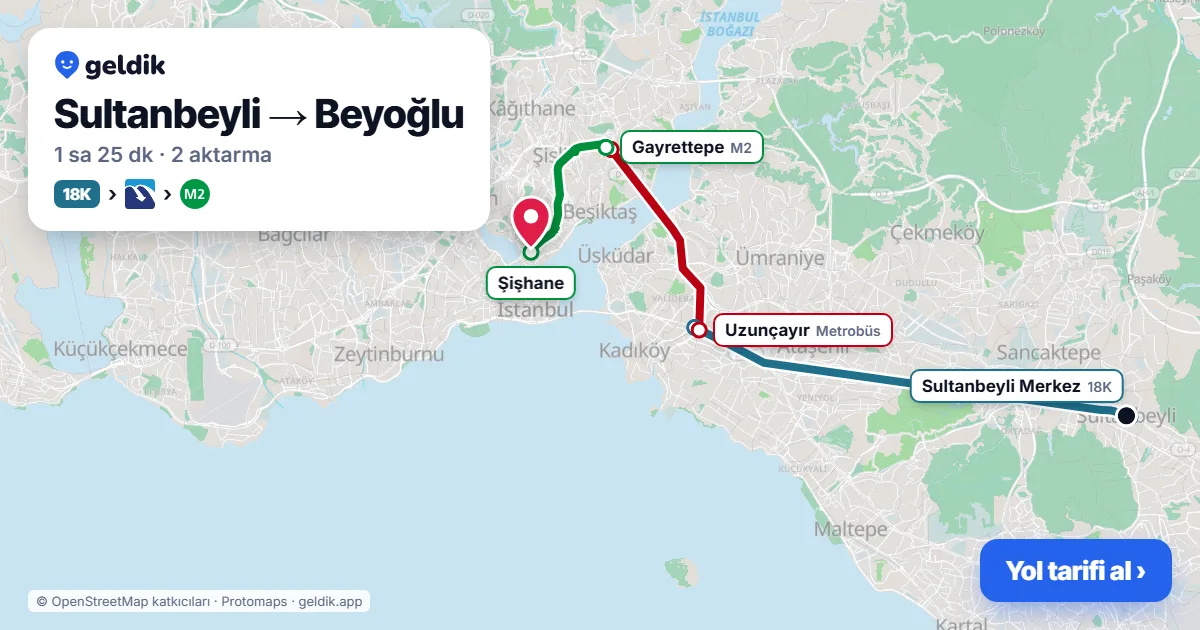 Sultanbeyli – Beyoğlu yol haritası: 18K otobüsü → Metrobüs → M2 ile ~1 sa 25 dk
