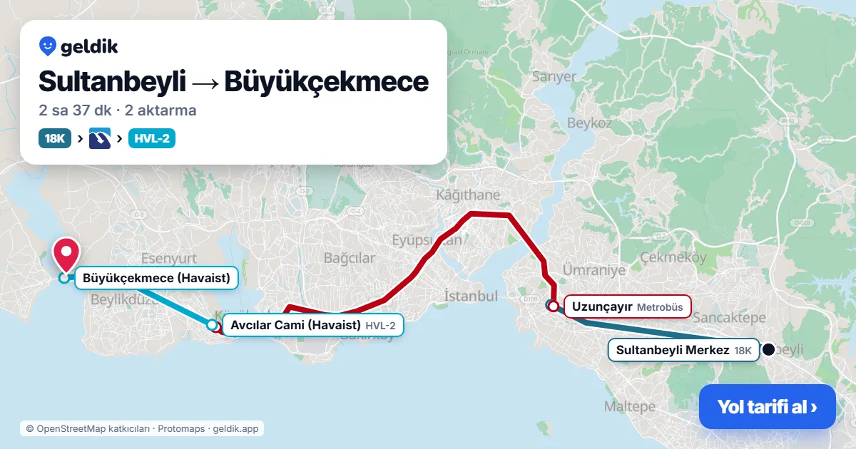 Sultanbeyli – Büyükçekmece yol haritası: 18K otobüsü → Metrobüs → Havaist HVL-2 otobüsü ile ~2 sa 37 dk