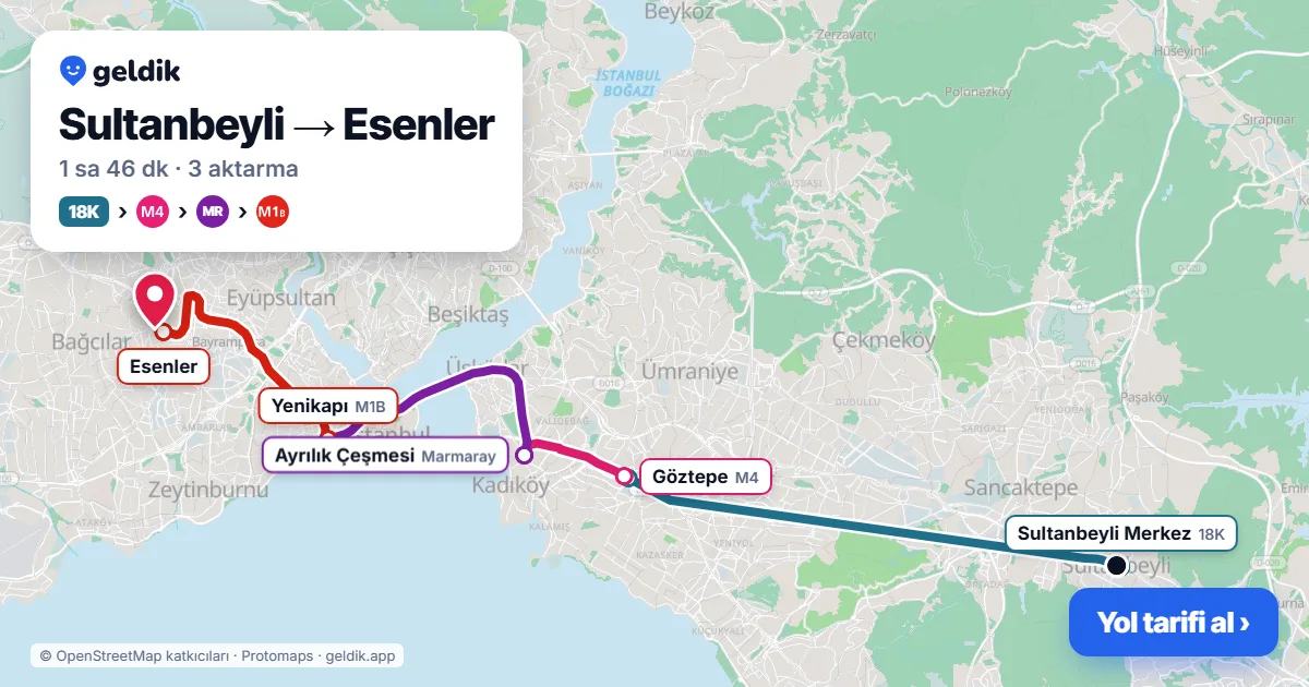 Sultanbeyli – Esenler yol haritası: 18K otobüsü → M4 → Marmaray → M1B ile ~1 sa 46 dk