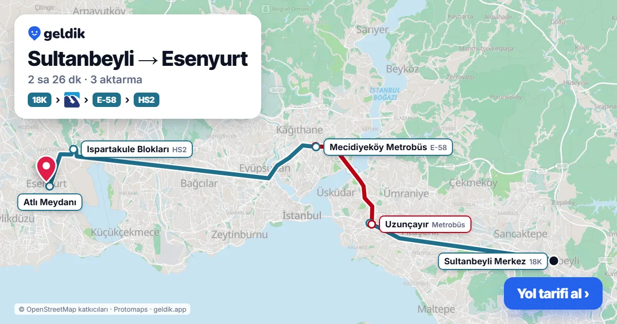 Sultanbeyli – Esenyurt yol haritası: 18K otobüsü → Metrobüs → E-58 otobüsü → HS2 otobüsü ile ~2 sa 27 dk