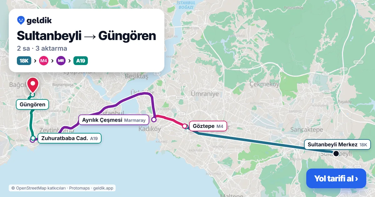 Sultanbeyli – Güngören yol haritası: 18K otobüsü → M4 → Marmaray → A19 minibüsü ile ~2 sa
