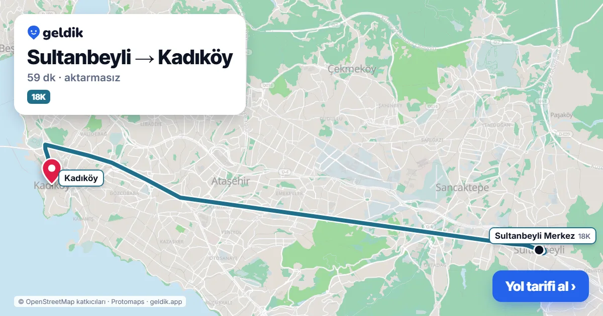 Sultanbeyli – Kadıköy yol haritası: 18K otobüsü ile ~59 dk