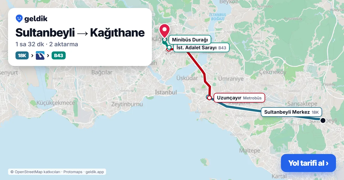 Sultanbeyli – Kağıthane yol haritası: 18K otobüsü → Metrobüs → B43 minibüsü ile ~1 sa 32 dk