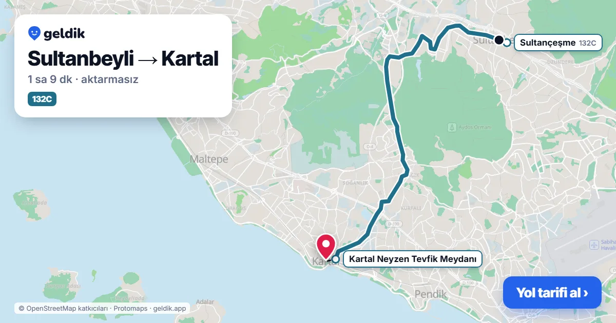 Sultanbeyli – Kartal yol haritası: 132C otobüsü ile ~1 sa 9 dk