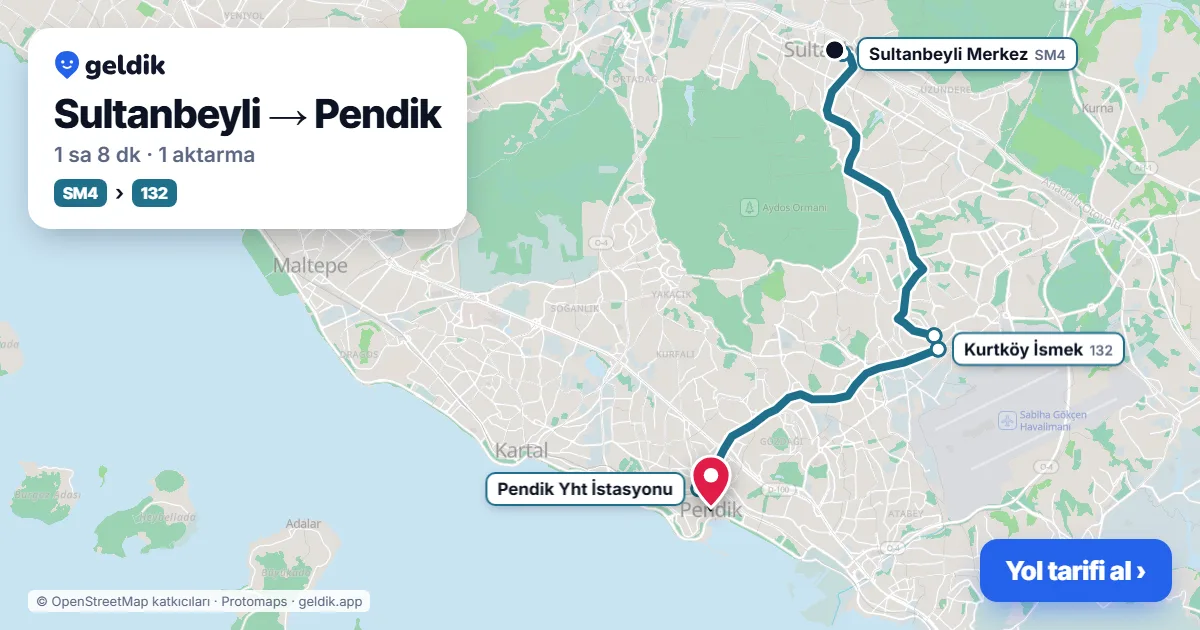 Sultanbeyli – Pendik yol haritası: SM4 otobüsü → 132 otobüsü ile ~1 sa 8 dk
