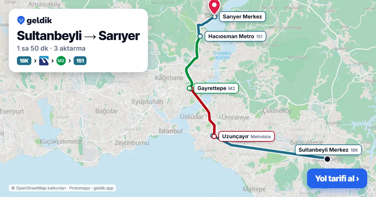 Sultanbeyli – Sarıyer yol haritası: 18K otobüsü → Metrobüs → M2 → 151 otobüsü ile ~1 sa 50 dk