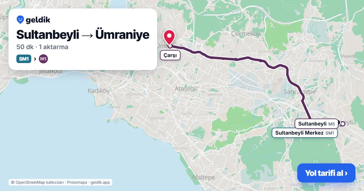 Sultanbeyli – Ümraniye yol haritası: SM1 otobüsü → M5 ile ~50 dk