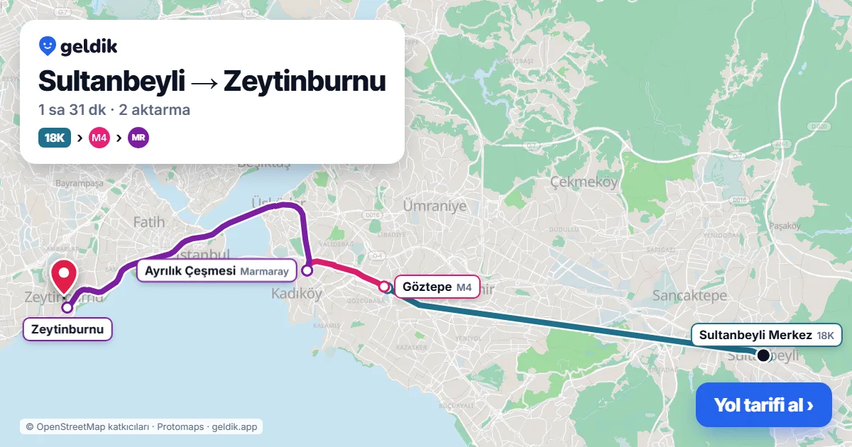 Sultanbeyli – Zeytinburnu yol haritası: 18K otobüsü → M4 → Marmaray ile ~1 sa 31 dk