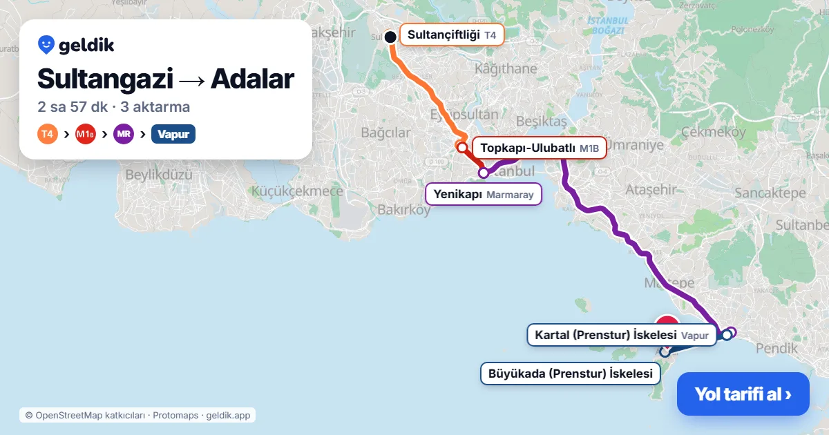 Sultangazi – Adalar yol haritası: T4 → M1B → Marmaray → vapur ile ~2 sa 57 dk
