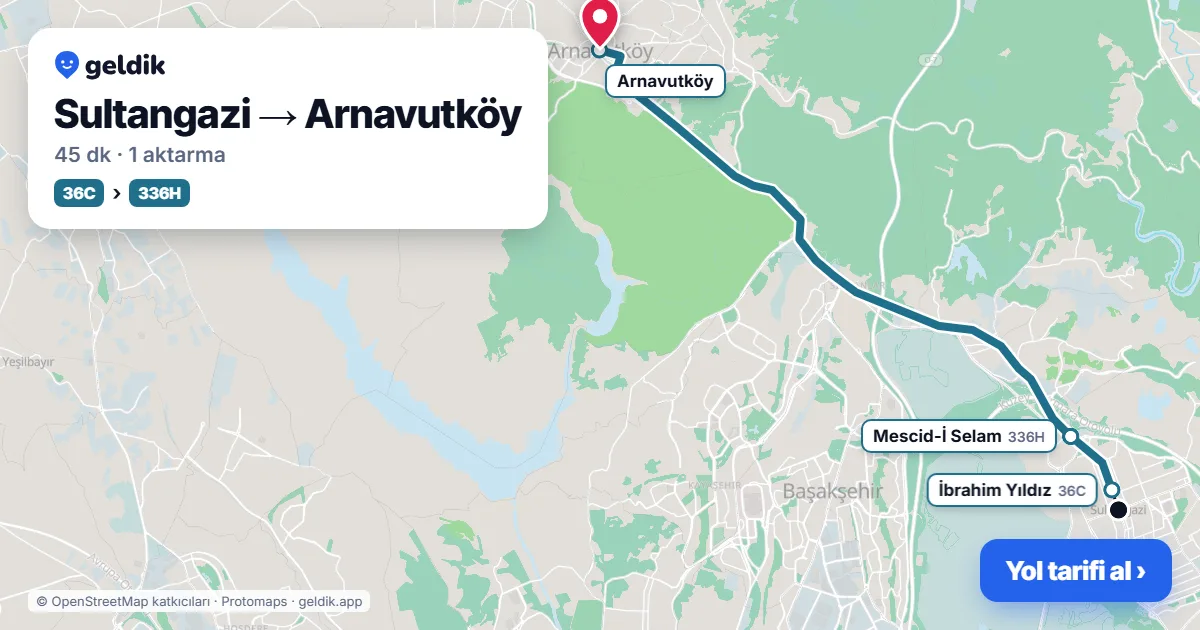 Sultangazi – Arnavutköy yol haritası: 36V otobüsü → 36HT otobüsü ile ~42 dk