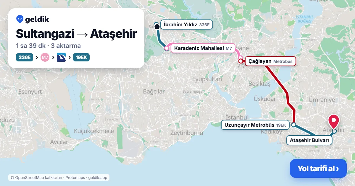 Sultangazi – Ataşehir yol haritası: 336E otobüsü → M7 → Metrobüs → 19EK otobüsü ile ~1 sa 39 dk
