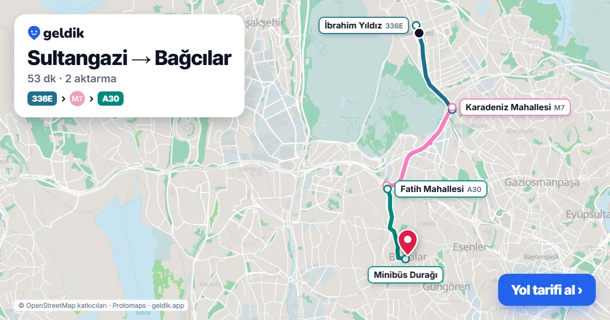 Sultangazi – Bağcılar yol haritası: 336E otobüsü → M7 → A30 minibüsü ile ~53 dk