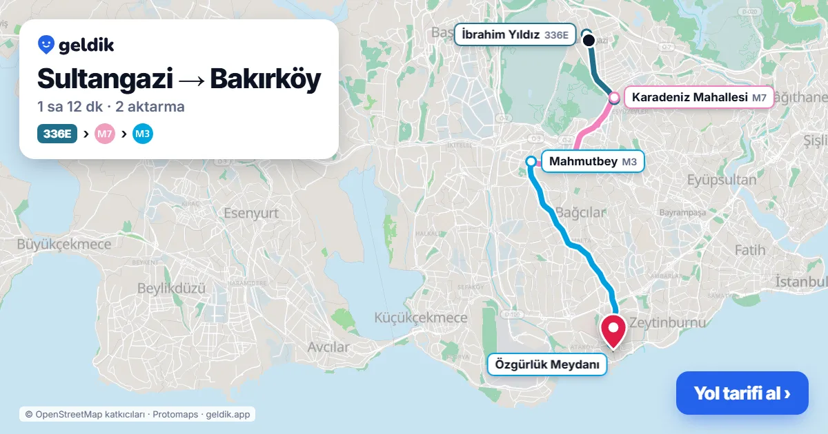 Sultangazi – Bakırköy yol haritası: 336E otobüsü → M7 → M3 ile ~1 sa 12 dk