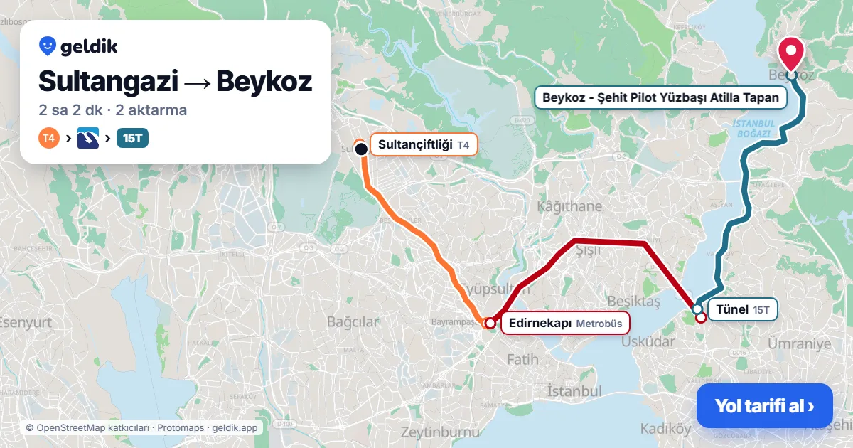Sultangazi – Beykoz yol haritası: T4 → Metrobüs → 15T otobüsü ile ~2 sa 2 dk