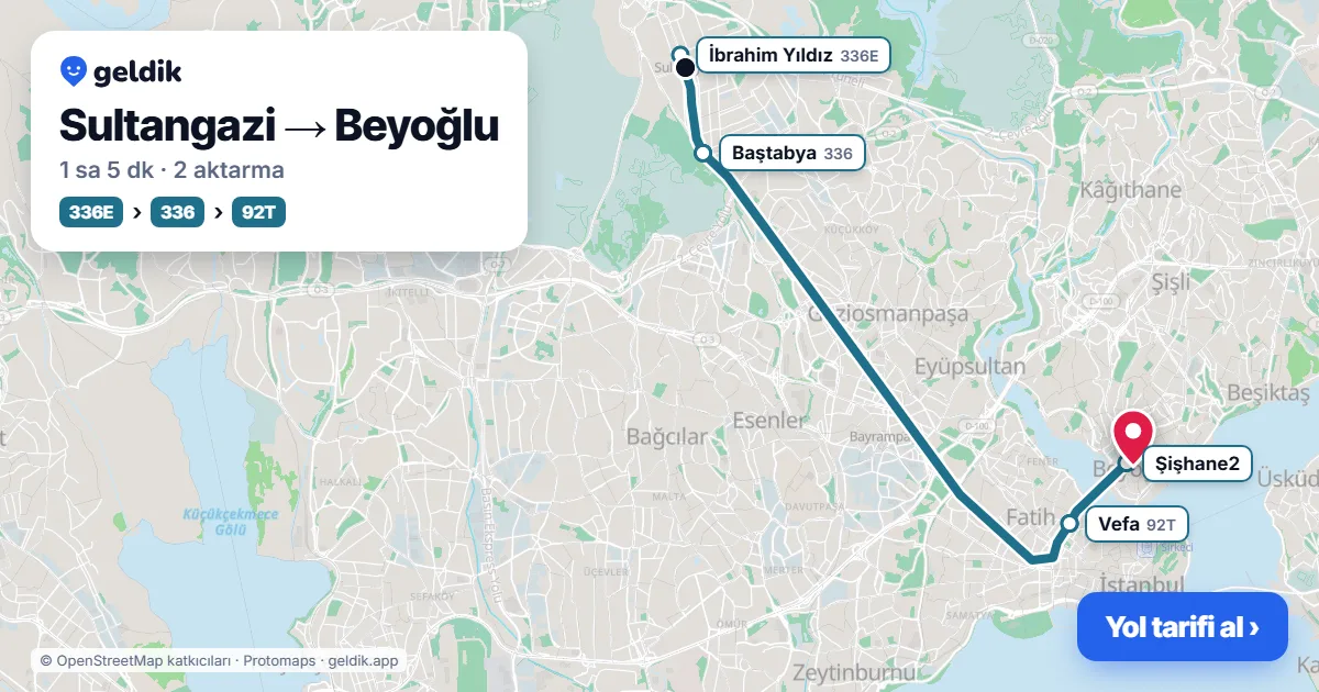Sultangazi – Beyoğlu yol haritası: T4 → 86V otobüsü → 87 otobüsü ile ~1 sa 5 dk