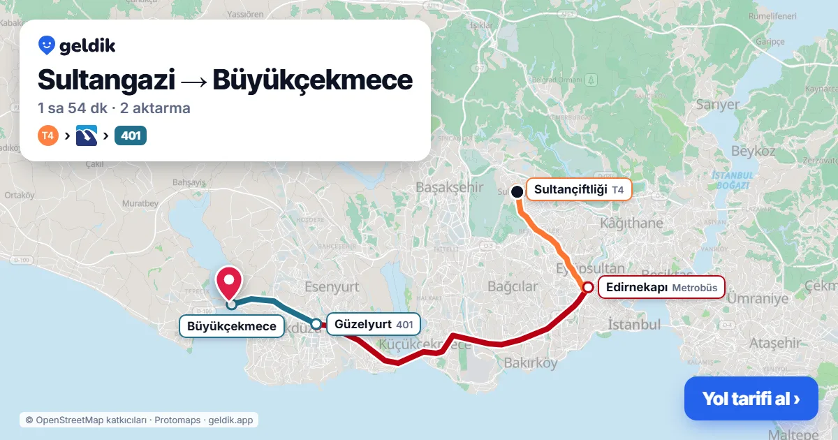 Sultangazi – Büyükçekmece yol haritası: 36V otobüsü → 78C otobüsü → 76O otobüsü → Havaist HVL-2 otobüsü ile ~1 sa 47 dk