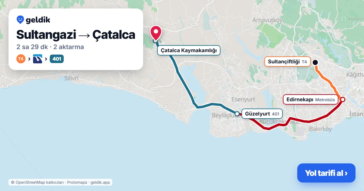 Sultangazi – Çatalca yol haritası: T4 → Metrobüs → 401 otobüsü ile ~2 sa 32 dk