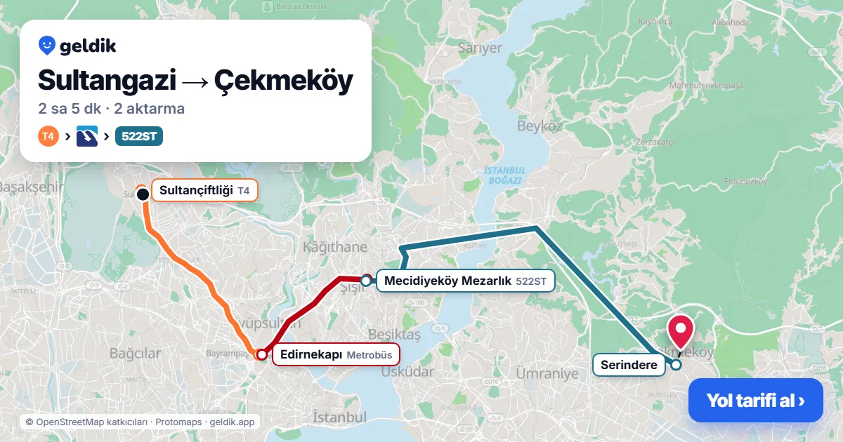 Sultangazi – Çekmeköy yol haritası: T4 → Metrobüs → 522ST otobüsü ile ~2 sa 7 dk