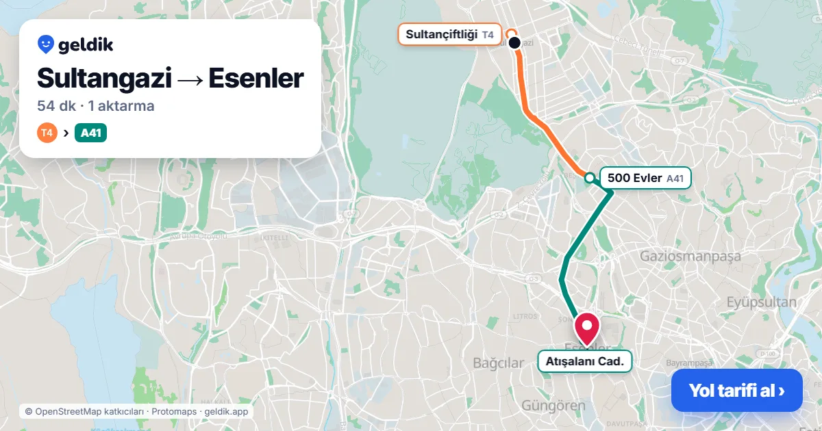 Sultangazi – Esenler yol haritası: T4 → A41 minibüsü ile ~54 dk