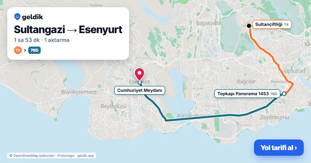 Sultangazi – Esenyurt yol haritası: 36V otobüsü → 78C otobüsü → 79B otobüsü → 76D otobüsü ile ~1 sa 39 dk
