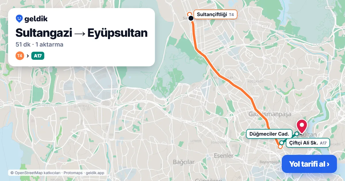 Sultangazi – Eyüpsultan yol haritası: T4 → A17 minibüsü ile ~51 dk