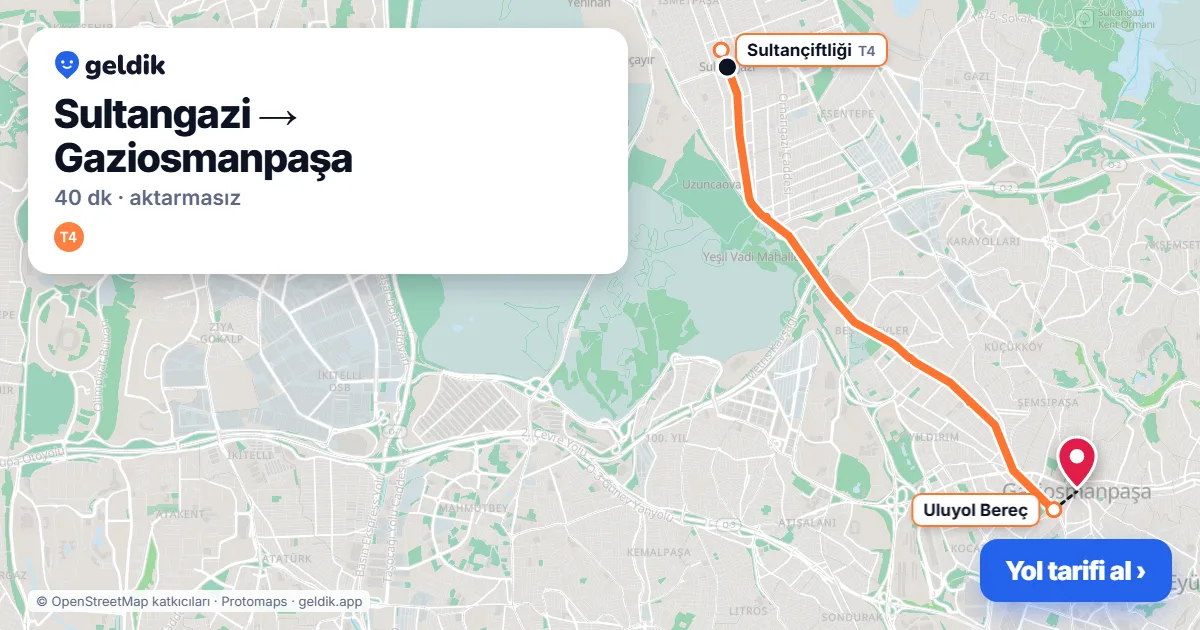 Sultangazi – Gaziosmanpaşa yol haritası: T4 ile ~40 dk