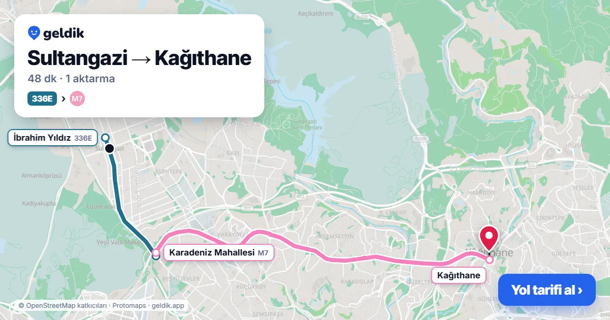 Sultangazi – Kağıthane yol haritası: 336E otobüsü → M7 ile ~48 dk