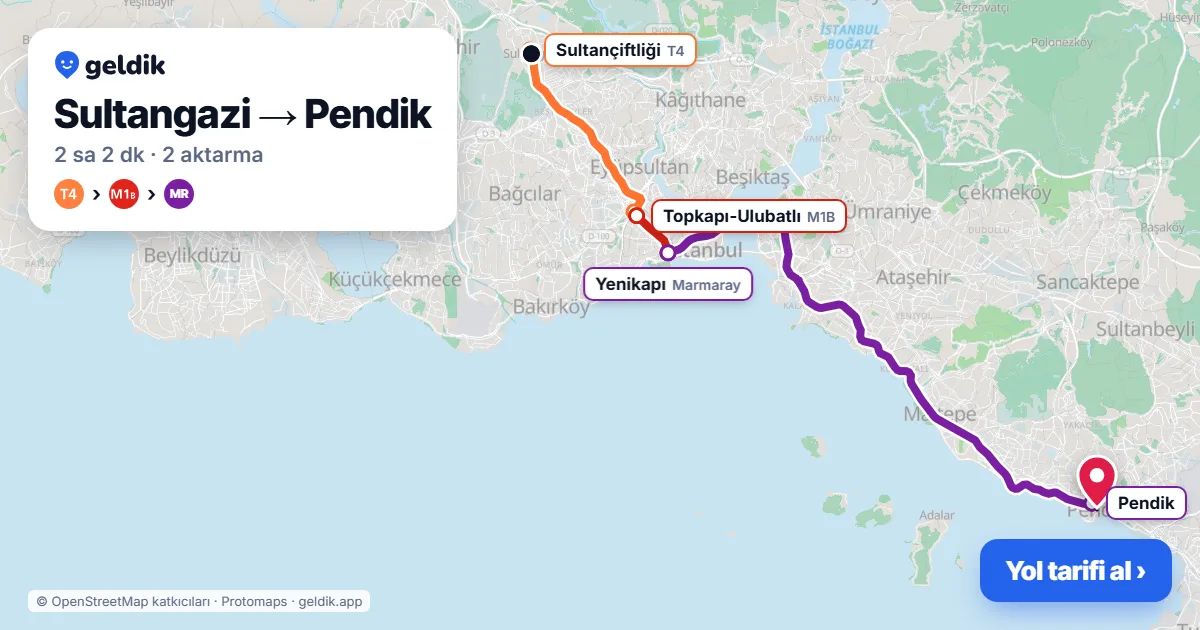 Sultangazi – Pendik yol haritası: T4 → M1B → Marmaray ile ~2 sa 2 dk