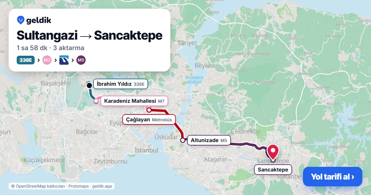 Sultangazi – Sancaktepe yol haritası: 336E otobüsü → M7 → Metrobüs → M5 ile ~1 sa 58 dk