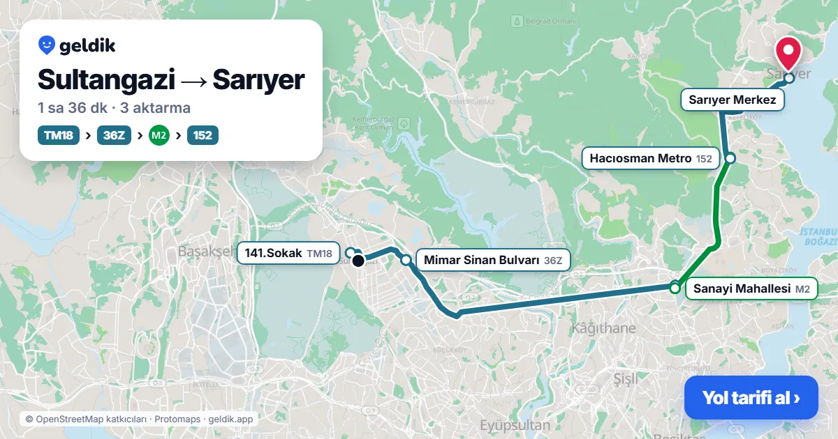 Sultangazi – Sarıyer yol haritası: 36TC otobüsü → 36Z otobüsü → M2 → 152 otobüsü ile ~1 sa 31 dk