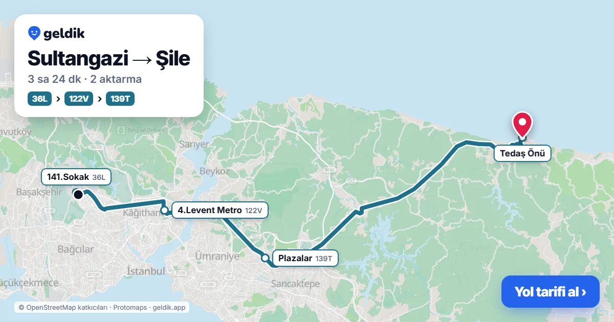 Sultangazi – Şile yol haritası: 36L otobüsü → 122V otobüsü → 139T otobüsü ile ~3 sa 23 dk