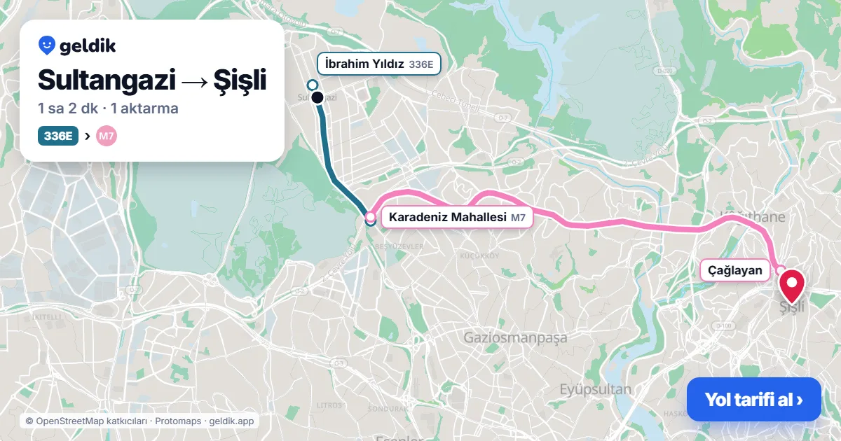 Sultangazi – Şişli yol haritası: 336E otobüsü → M7 ile ~1 sa 2 dk