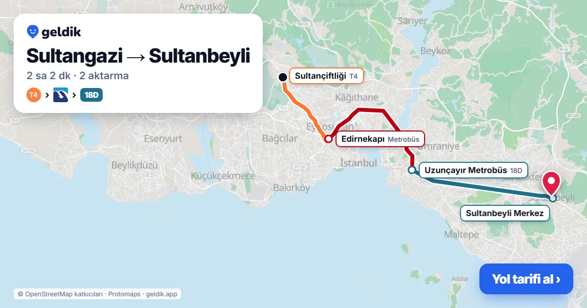 Sultangazi – Sultanbeyli yol haritası: T4 → Metrobüs → 18D otobüsü ile ~2 sa 2 dk