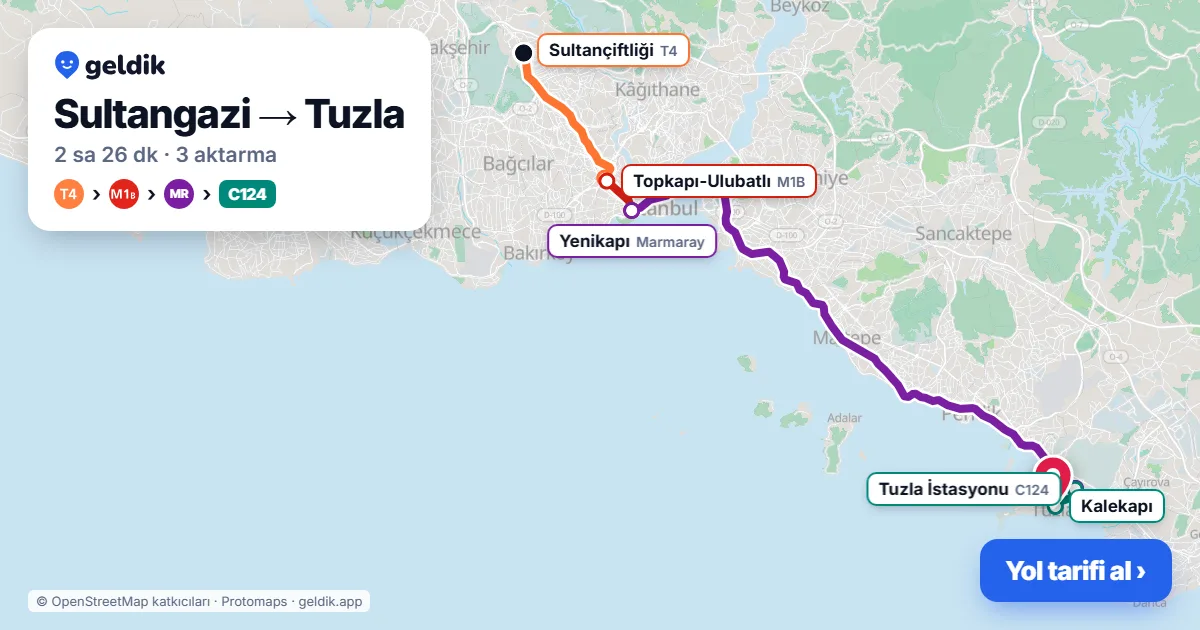 Sultangazi – Tuzla yol haritası: T4 → M1B → Marmaray → C124 minibüsü ile ~2 sa 26 dk