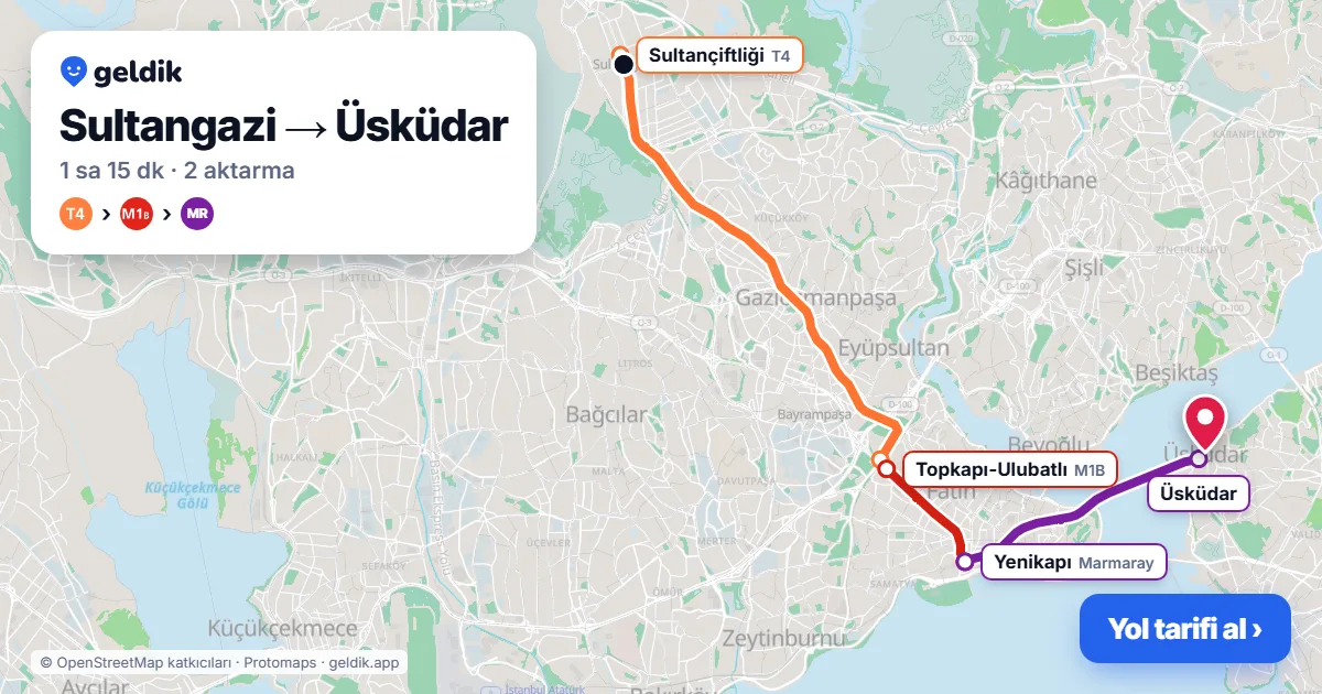 Sultangazi – Üsküdar yol haritası: T4 → M1B → Marmaray ile ~1 sa 15 dk