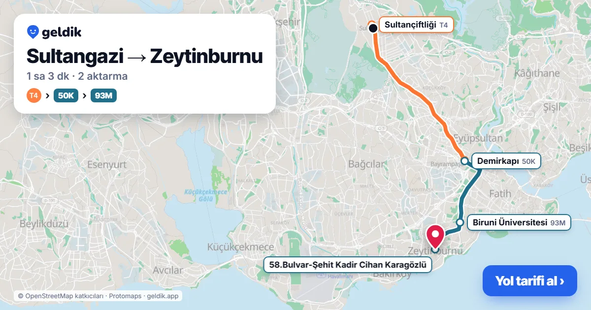 Sultangazi – Zeytinburnu yol haritası: T4 → 50K otobüsü → 93 otobüsü ile ~1 sa 10 dk