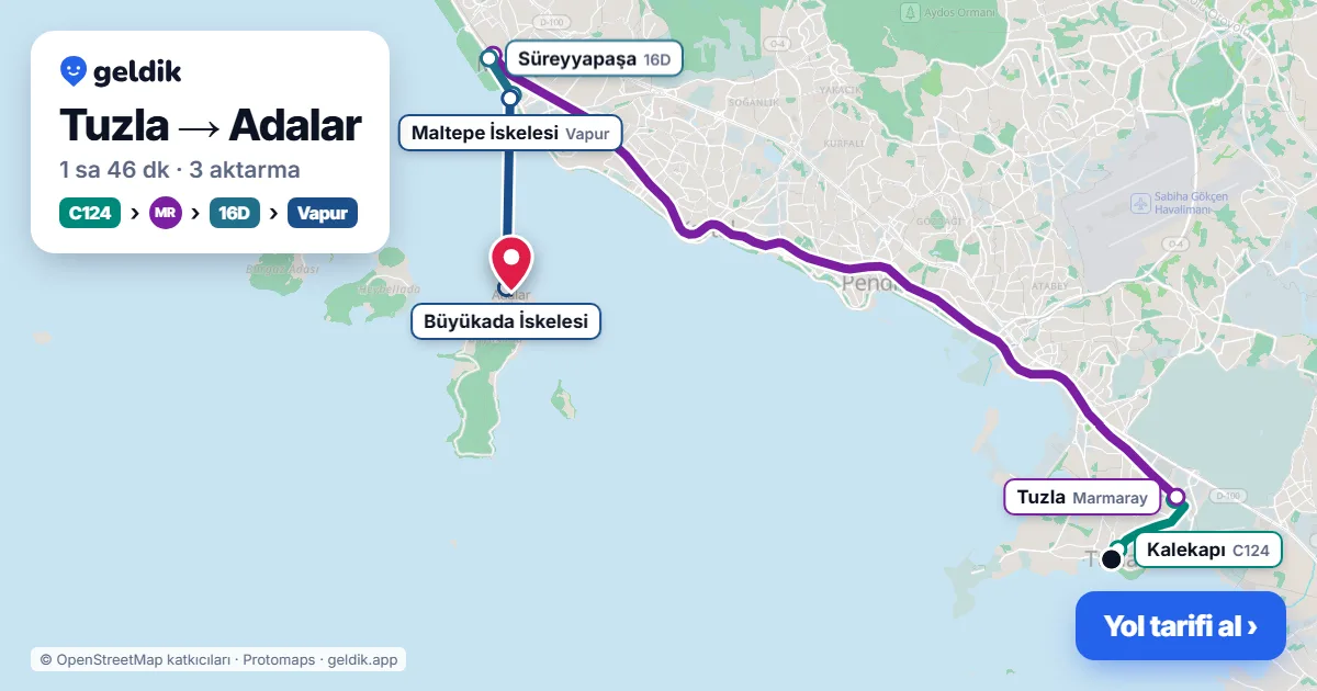 Tuzla – Adalar yol haritası: C124 minibüsü → Marmaray → 16D otobüsü → vapur ile ~1 sa 46 dk