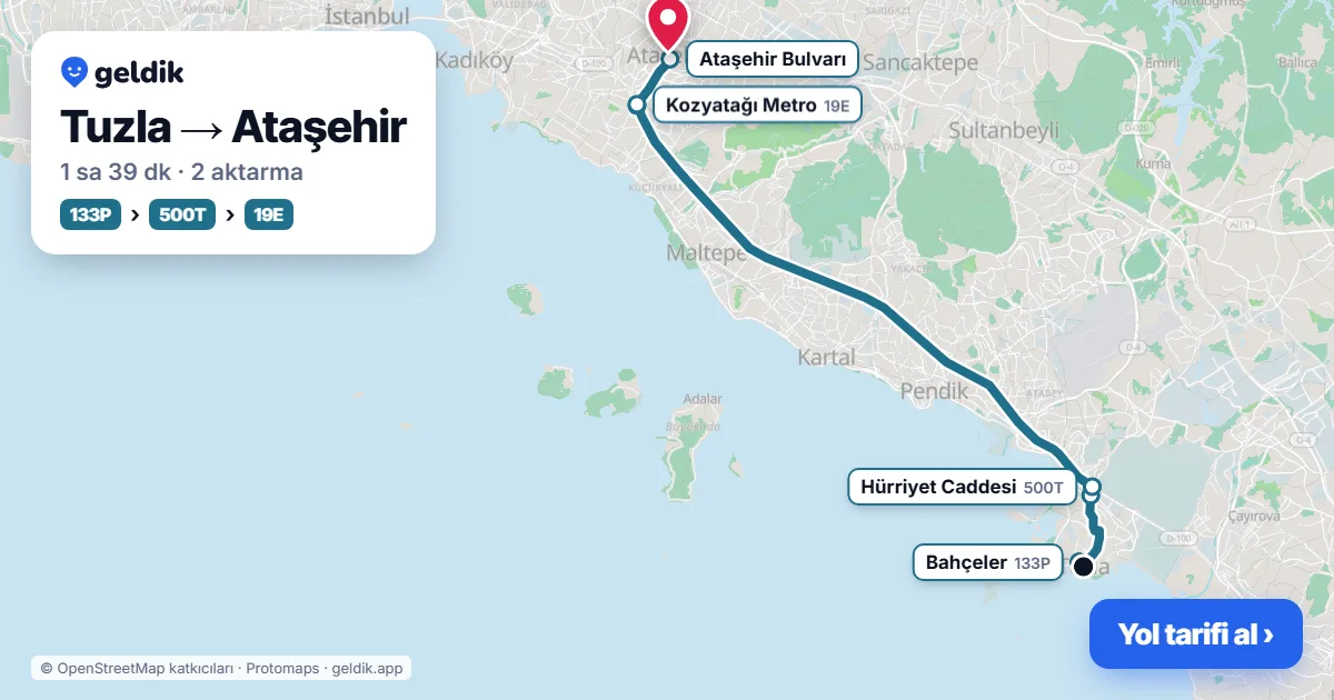 Tuzla – Ataşehir yol haritası: KM13 otobüsü → M4 → 19E otobüsü ile ~1 sa 38 dk