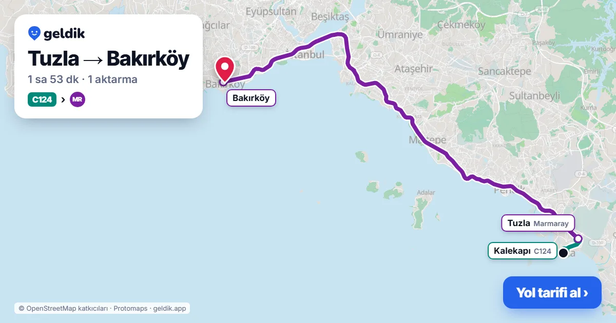 Tuzla – Bakırköy yol haritası: C124 minibüsü → Marmaray ile ~1 sa 53 dk