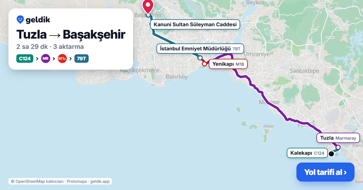 Tuzla – Başakşehir yol haritası: C124 minibüsü → Marmaray → M3 ile ~2 sa 34 dk