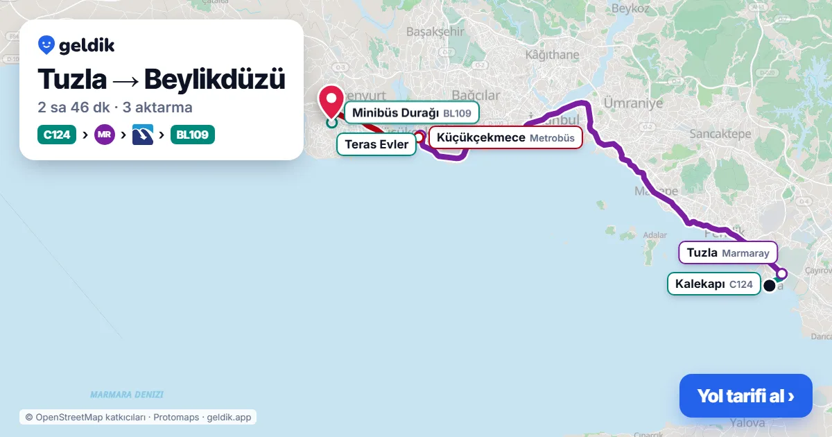 Tuzla – Beylikdüzü yol haritası: C124 minibüsü → Marmaray → Metrobüs → BL109 minibüsü ile ~2 sa 46 dk
