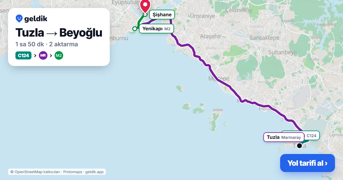 Tuzla – Beyoğlu yol haritası: C124 minibüsü → Marmaray → M2 ile ~1 sa 50 dk