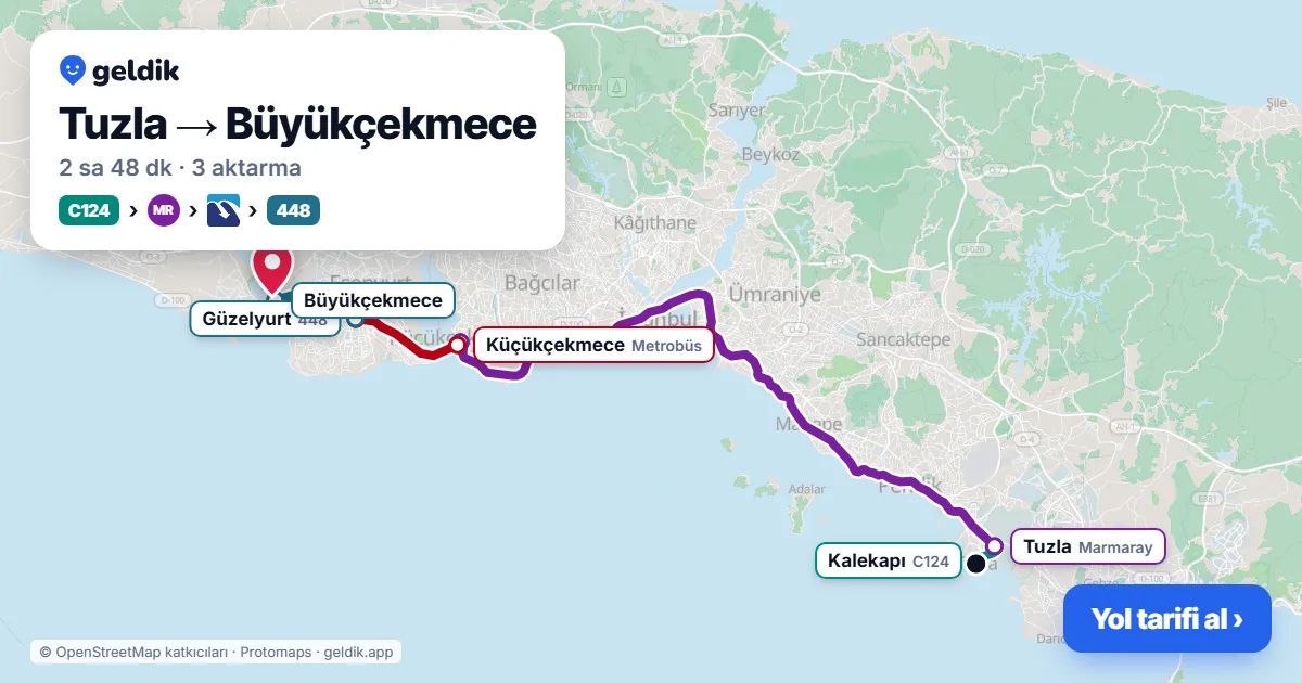 Tuzla – Büyükçekmece yol haritası: C124 minibüsü → Marmaray → Metrobüs → 448 otobüsü ile ~2 sa 48 dk